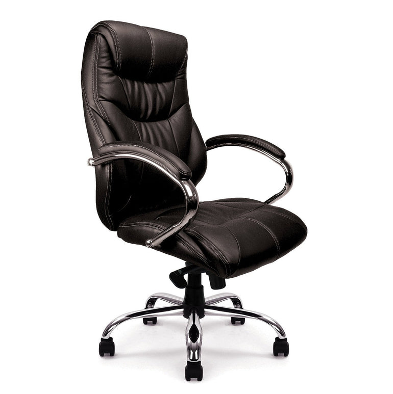 High Back Luxurious Leather Faced Synchronous Executive Armchair with Integral headrest and Chrome Base - Office Products Online