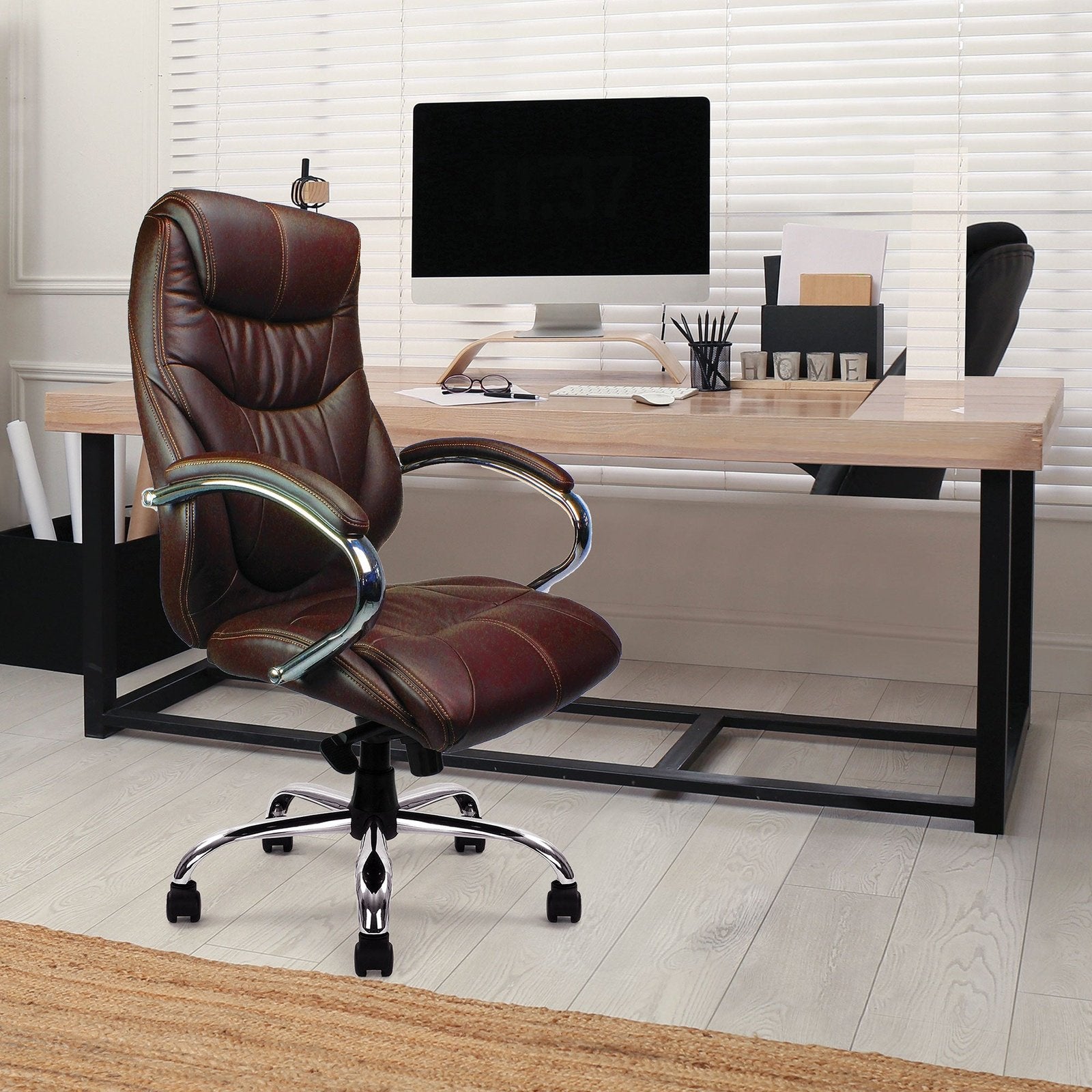 High Back Luxurious Leather Faced Synchronous Executive Armchair with Integral headrest and Chrome Base - Office Products Online