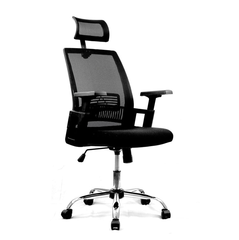 High Back Mesh Chair with Headrest and Chrome Base - Black - Office Products Online