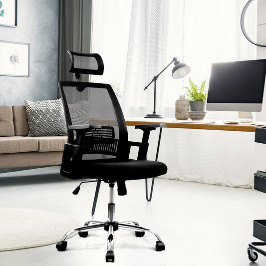 High Back Mesh Chair with Headrest and Chrome Base - Black - Office Products Online
