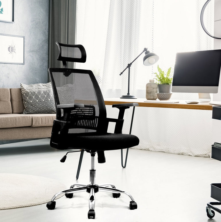 High Back Mesh Chair with Headrest and Chrome Base - Black - Office Products Online