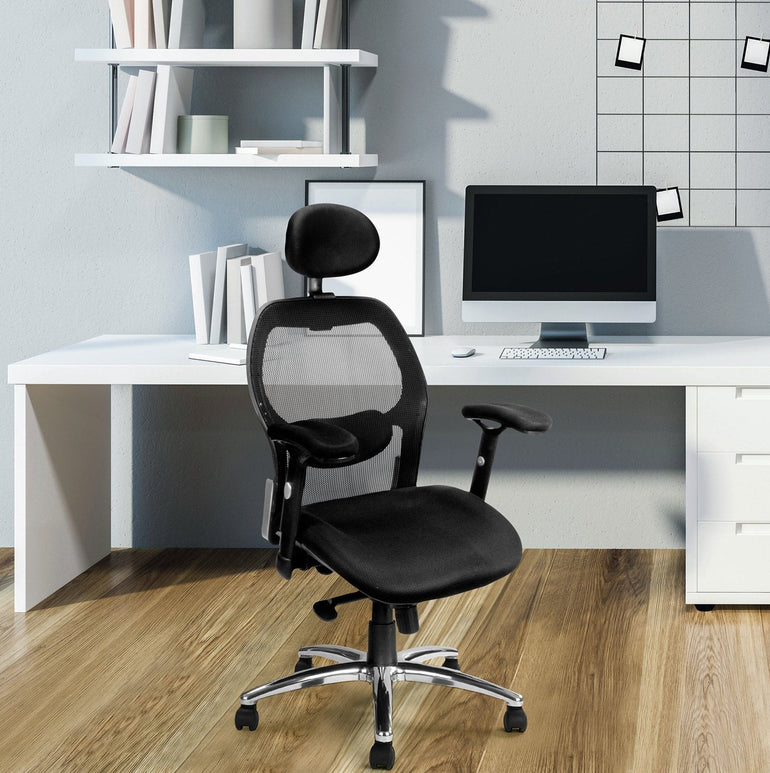 High Back Mesh Synchronous Executive Armchair with Adjustable Lumbar Support, Arms, Headrest and Chrome Base - Black - Office Products Online