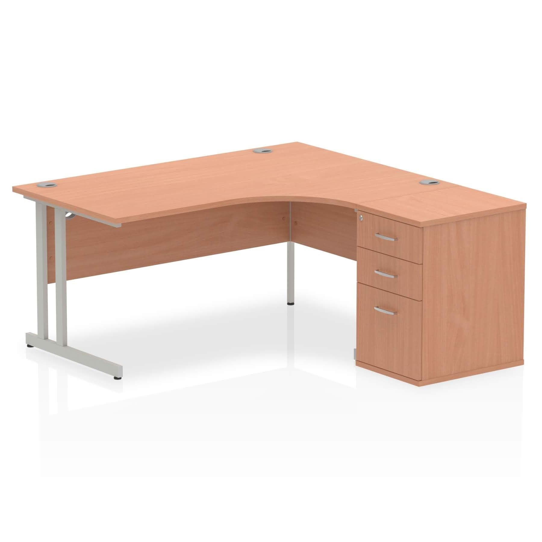 Dynasty Sturdy 1600mm Right Crescent Workstation with Cantilever Leg and Pedestal Desk