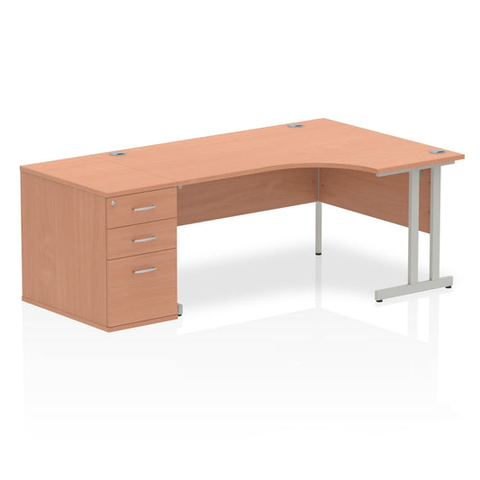 Dynasty Sturdy 1600mm Right Crescent Workstation with Cantilever Leg and Pedestal Desk