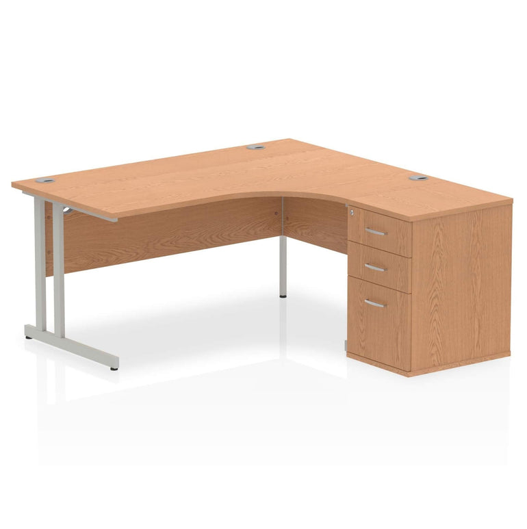 Dynasty Sturdy 1600mm Right Crescent Workstation with Cantilever Leg and Pedestal Desk