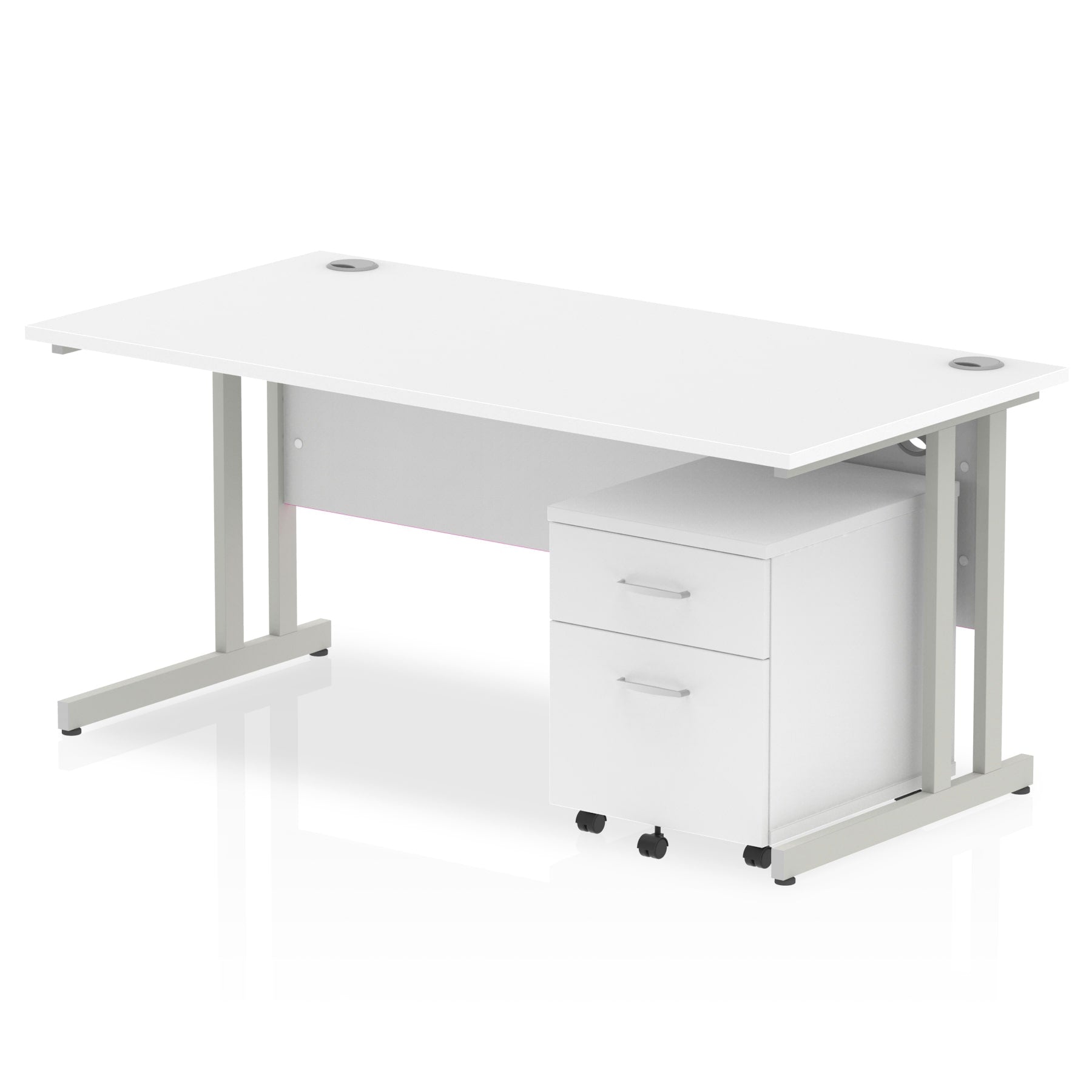 Impulse 1600mm Cantilever Straight Desk w/ Mobile Pedestal - MFC Rectangular, Self-Assembly, 5-Year Guarantee, Silver/White Frame, Lockable Drawers