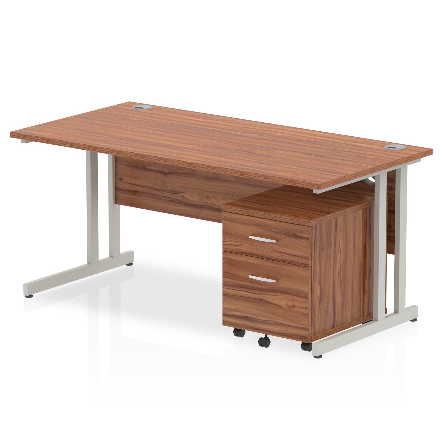 Impulse 1600mm Cantilever Straight Desk w/ Mobile Pedestal - MFC Rectangular, Self-Assembly, 5-Year Guarantee, Silver/White Frame, Lockable Drawers