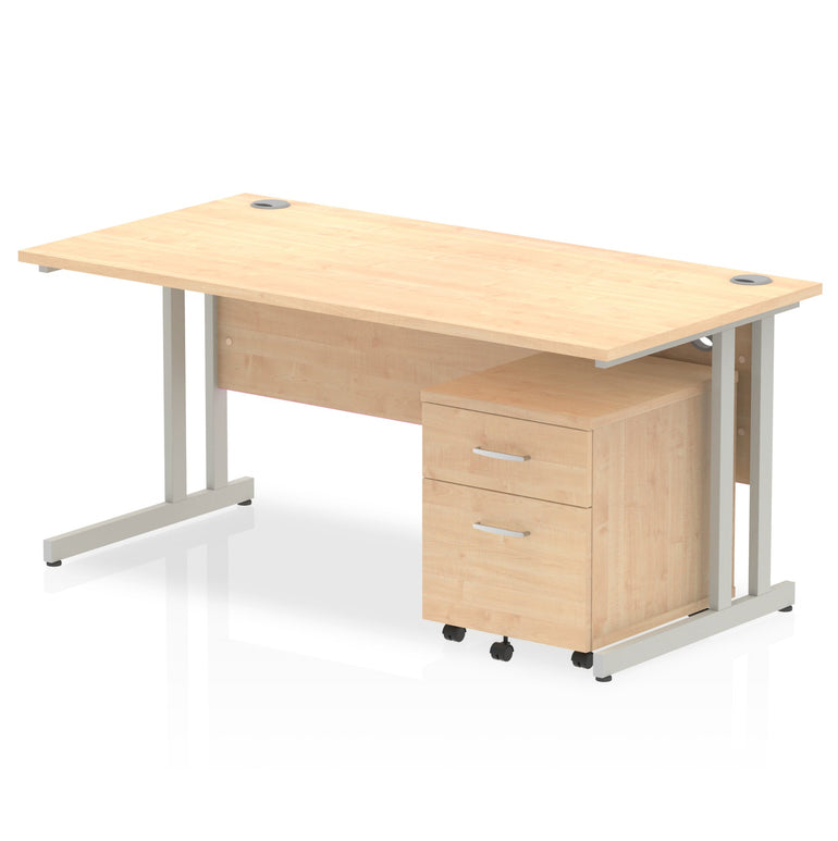 Impulse 1600mm Cantilever Straight Desk w/ Mobile Pedestal - MFC Rectangular, Self-Assembly, 5-Year Guarantee, Silver/White Frame, Lockable Drawers