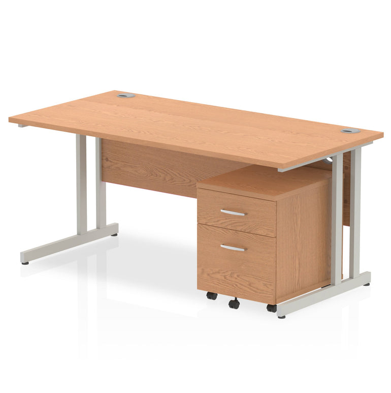 Impulse 1600mm Cantilever Straight Desk w/ Mobile Pedestal - MFC Rectangular, Self-Assembly, 5-Year Guarantee, Silver/White Frame, Lockable Drawers