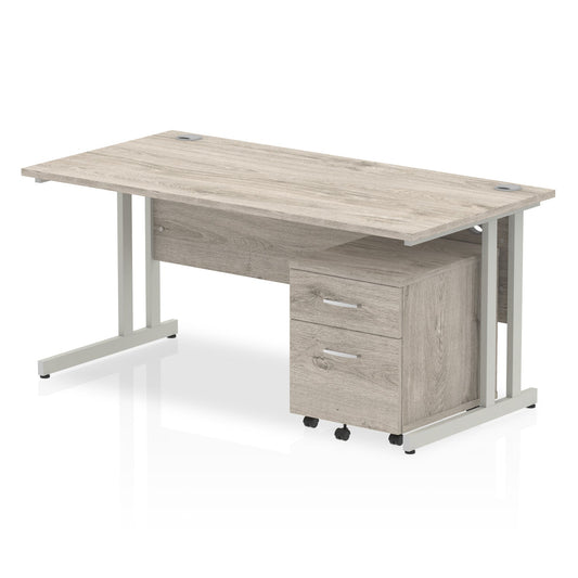 Impulse 1600mm Cantilever Straight Desk w/ Mobile Pedestal - MFC Rectangular, Self-Assembly, 5-Year Guarantee, Silver/White Frame, Lockable Drawers