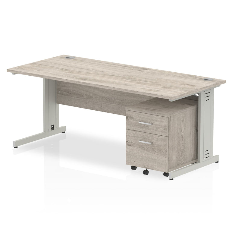 Impulse 1800mm Cable Managed Straight Desk w/ Mobile Pedestal - MFC Rectangular, Self-Assembly, 5-Year Guarantee, 1800x800, Silver/White Frame