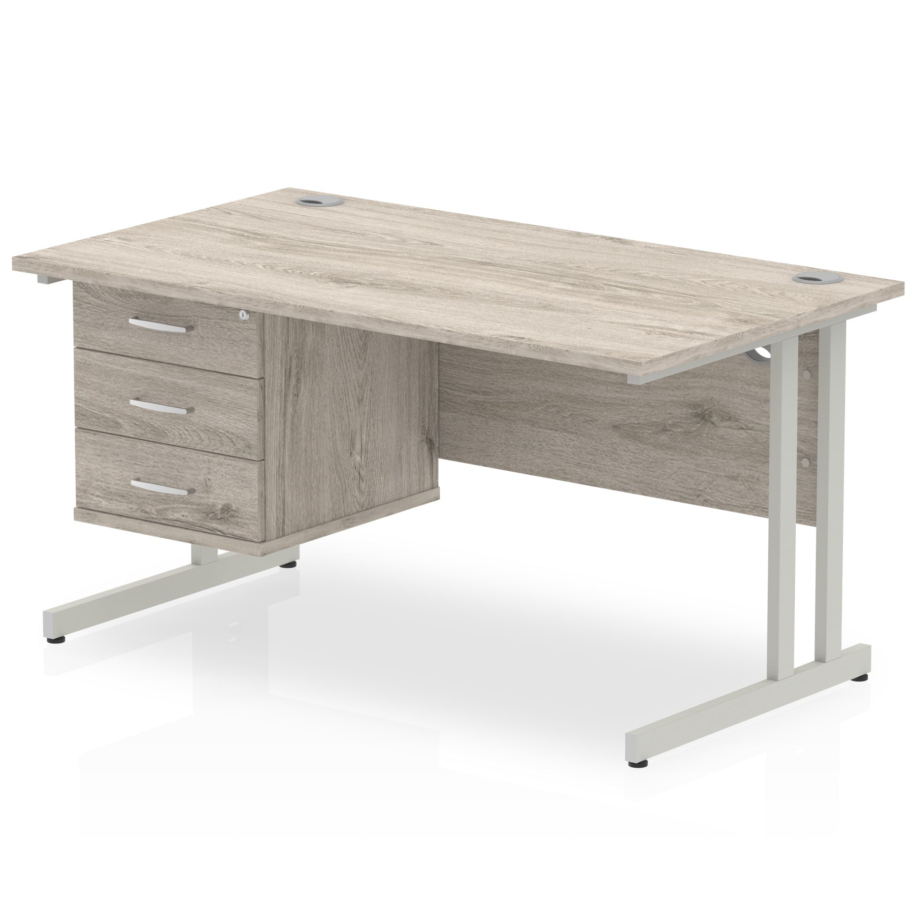 Impulse Cantilever Straight Desk 1200-1800mm Silver Frame, Fixed Pedestal, MFC, 2-3 Lockable Drawers, 5-Year Guarantee, Self-Assembly