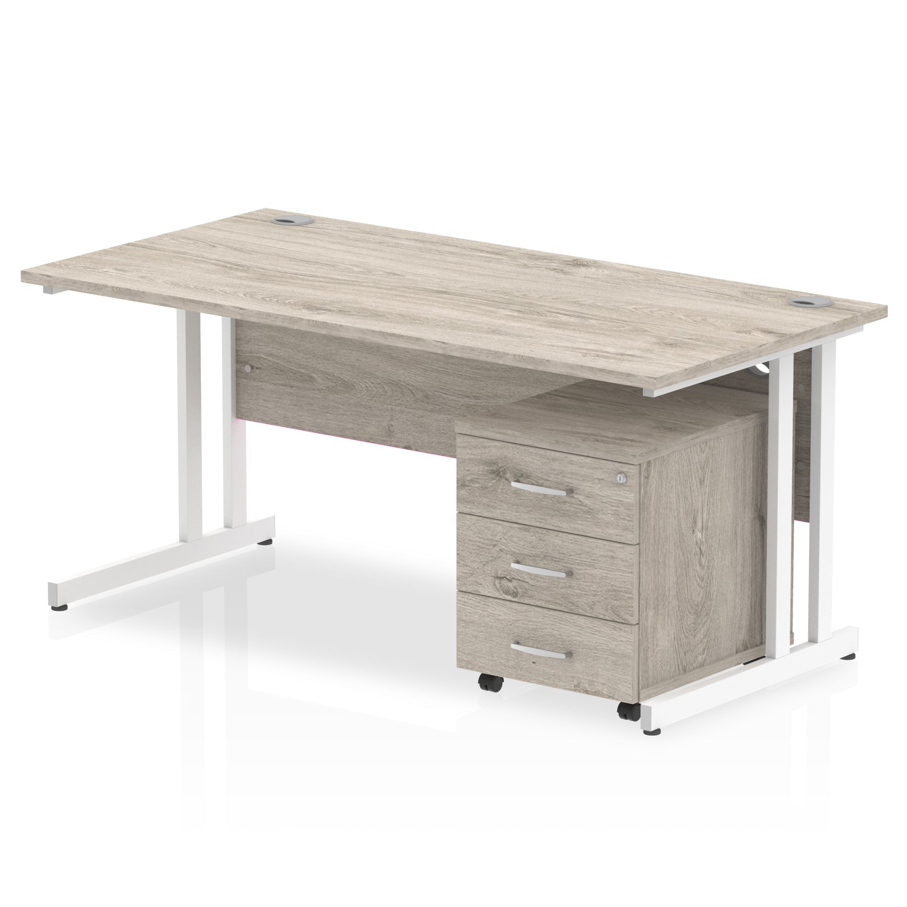 Impulse 1600mm Cantilever Straight Desk w/ Mobile Pedestal - MFC Rectangular, Self-Assembly, 5-Year Guarantee, Silver/White Frame, Lockable Drawers