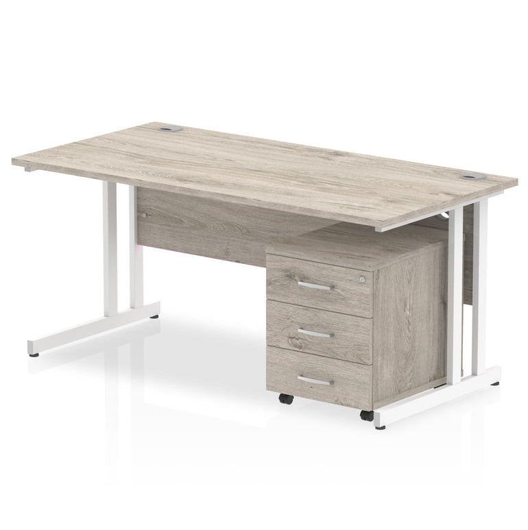 Impulse 1600mm Cantilever Straight Desk w/ Mobile Pedestal - MFC Rectangular, Self-Assembly, 5-Year Guarantee, Silver/White Frame, Lockable Drawers