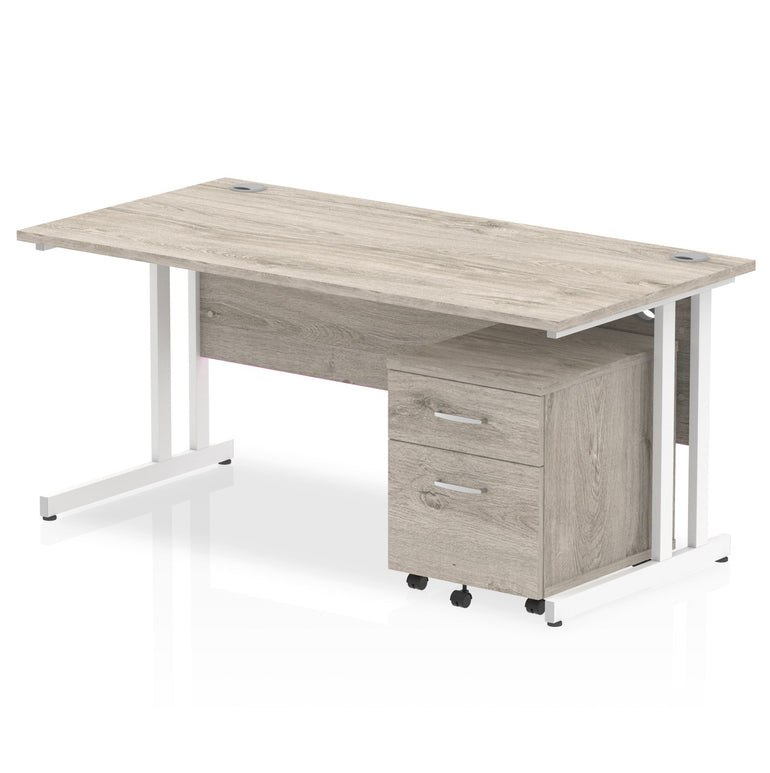 Impulse 1600mm Cantilever Straight Desk w/ Mobile Pedestal - MFC Rectangular, Self-Assembly, 5-Year Guarantee, Silver/White Frame, Lockable Drawers