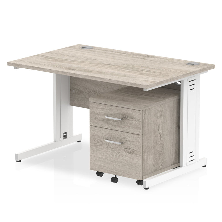 Impulse 1200mm Cable Managed Straight Desk w/ Mobile Pedestal - MFC Rectangular, Self-Assembly, 5-Year Guarantee, Silver/White Frame, Lockable Drawers