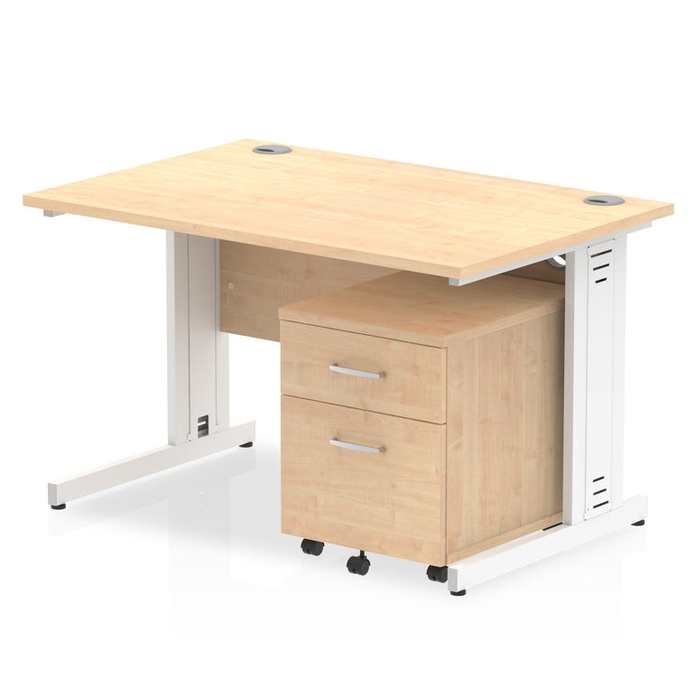 Impulse 1200mm Cable Managed Straight Desk w/ Mobile Pedestal - MFC Rectangular, Self-Assembly, 5-Year Guarantee, Silver/White Frame, Lockable Drawers