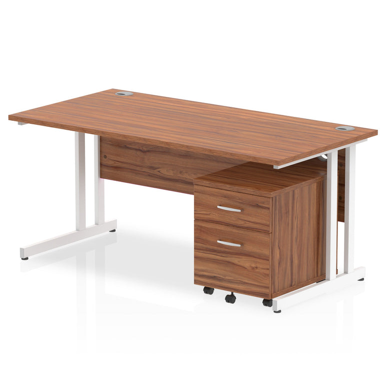 Impulse 1600mm Cantilever Straight Desk w/ Mobile Pedestal - MFC Rectangular, Self-Assembly, 5-Year Guarantee, Silver/White Frame, Lockable Drawers