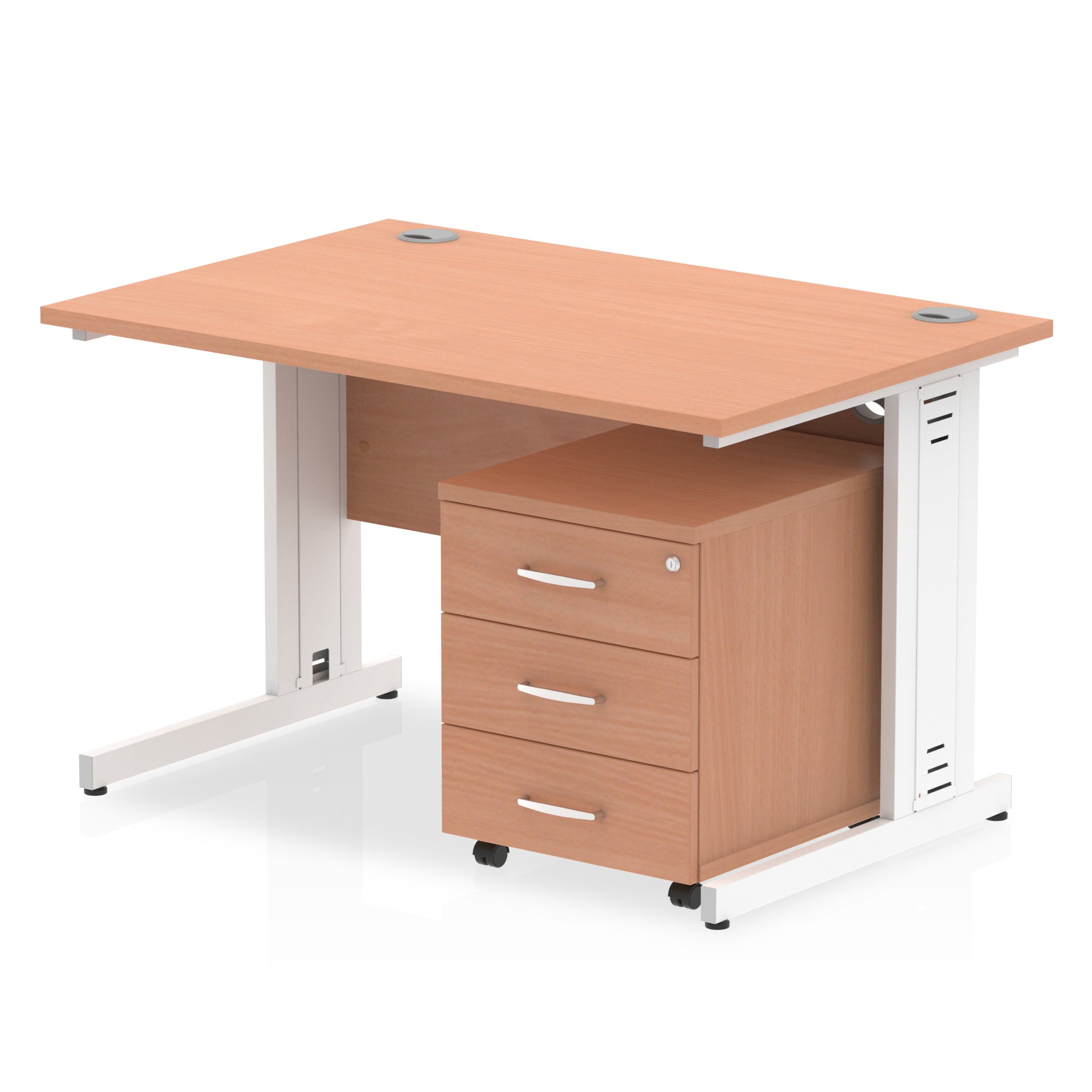 Impulse 1200mm Cable Managed Straight Desk w/ Mobile Pedestal - MFC Rectangular, Self-Assembly, 5-Year Guarantee, Silver/White Frame, Lockable Drawers