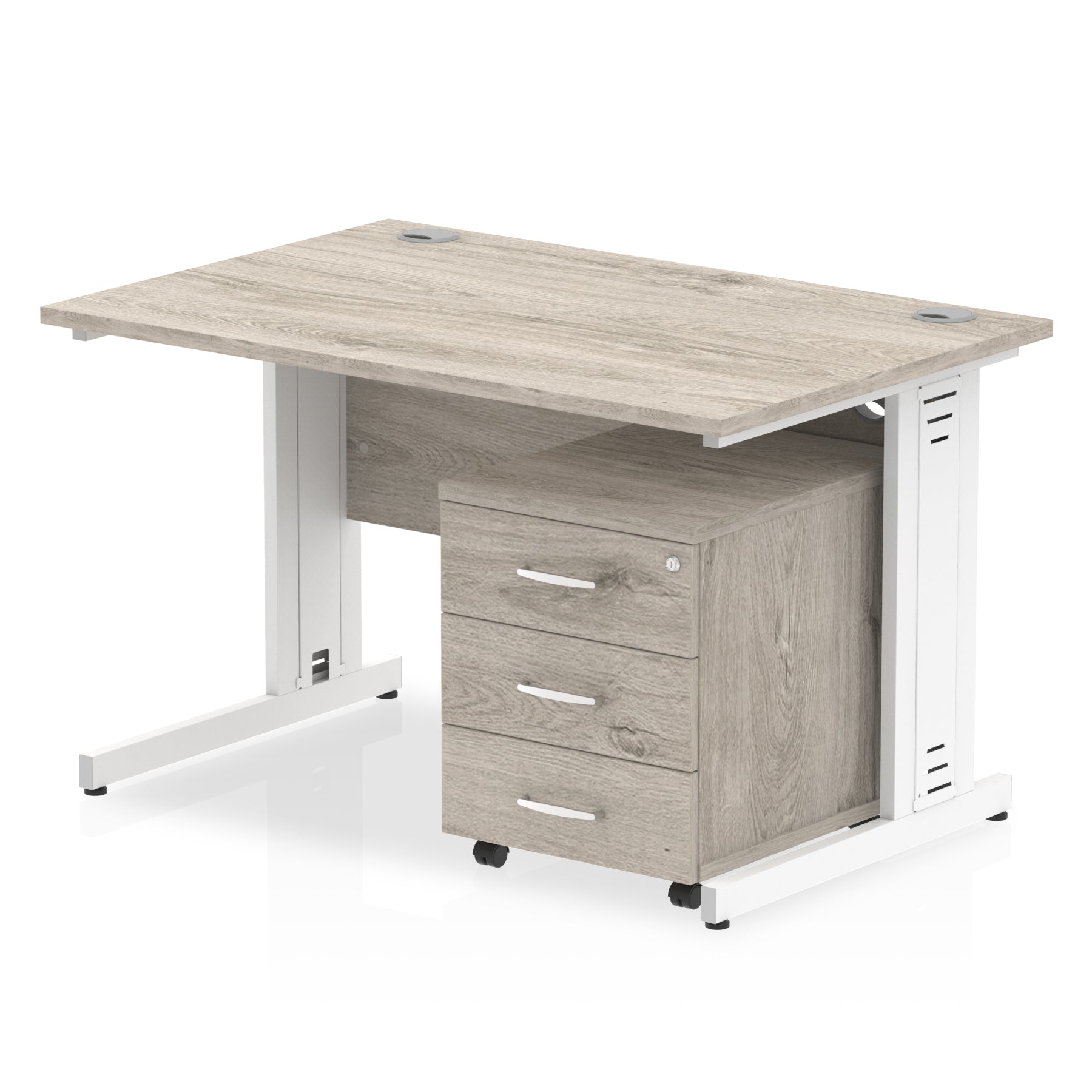 Impulse 1200mm Cable Managed Straight Desk w/ Mobile Pedestal - MFC Rectangular, Self-Assembly, 5-Year Guarantee, Silver/White Frame, Lockable Drawers