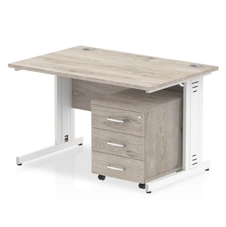 Impulse 1200mm Cable Managed Straight Desk w/ Mobile Pedestal - MFC Rectangular, Self-Assembly, 5-Year Guarantee, Silver/White Frame, Lockable Drawers