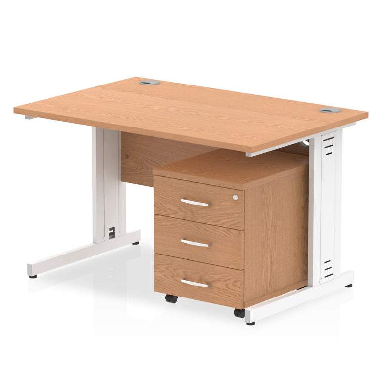 Impulse 1200mm Cable Managed Straight Desk w/ Mobile Pedestal - MFC Rectangular, Self-Assembly, 5-Year Guarantee, Silver/White Frame, Lockable Drawers