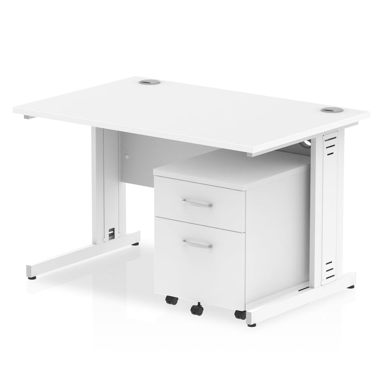 Impulse 1200mm Cable Managed Straight Desk w/ Mobile Pedestal - MFC Rectangular, Self-Assembly, 5-Year Guarantee, Silver/White Frame, Lockable Drawers