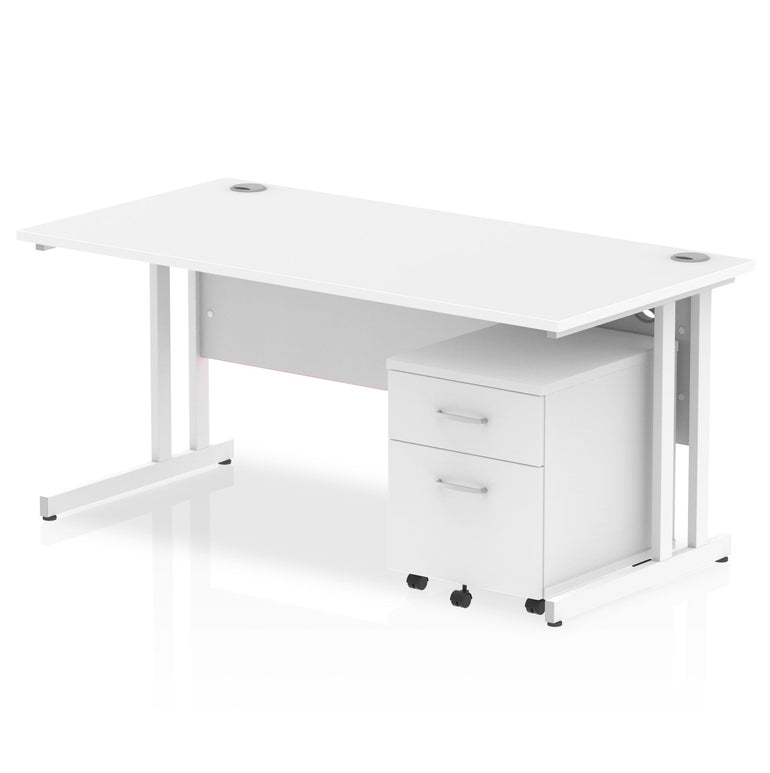 Impulse 1600mm Cantilever Straight Desk w/ Mobile Pedestal - MFC Rectangular, Self-Assembly, 5-Year Guarantee, Silver/White Frame, Lockable Drawers