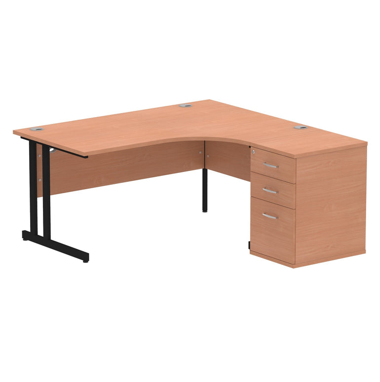 Dynasty Sturdy 1600mm Right Crescent Workstation with Cantilever Leg and Pedestal Desk