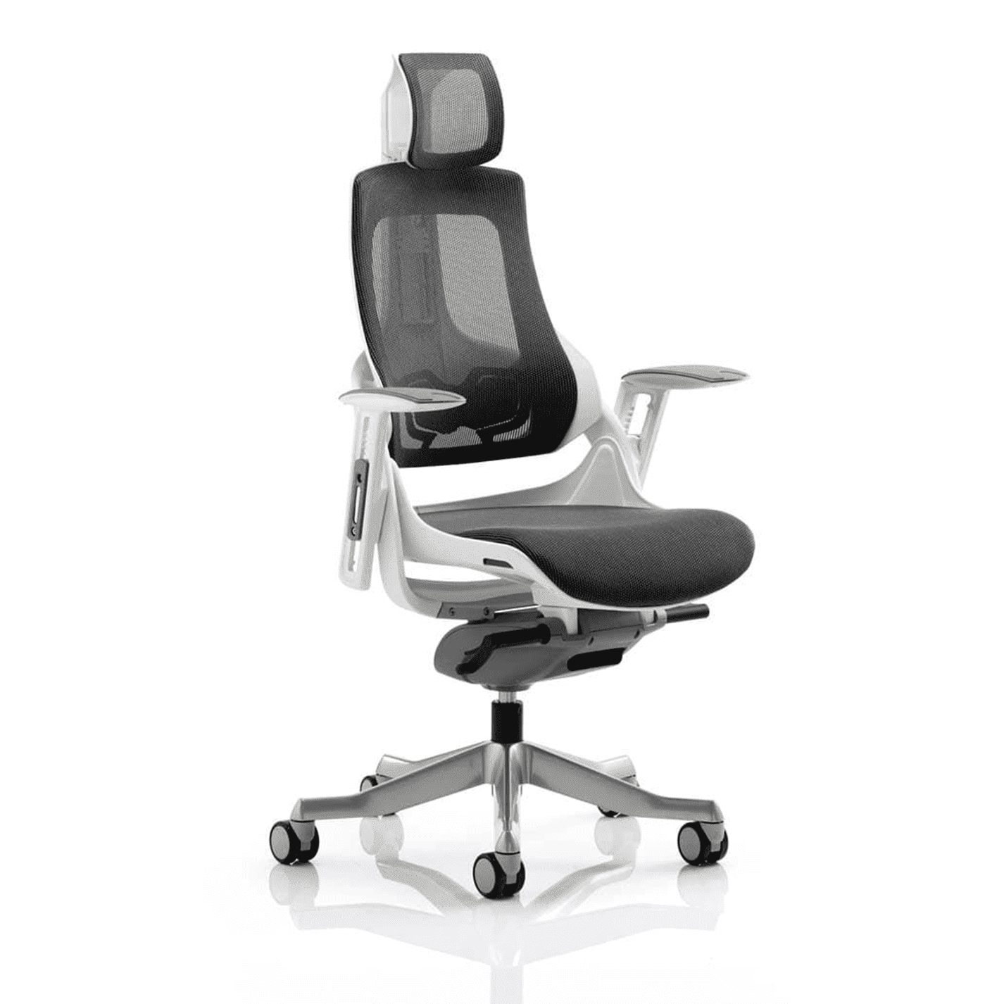 Zure High Back Executive Office Chair - White Shell, Adjustable Arms, Lumbar Support, Headrest, 135kg Capacity, 8hr Usage, 5yr Warranty