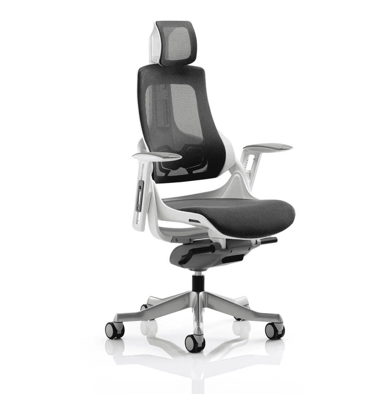 Zure High Back Executive Office Chair - White Shell, Adjustable Arms, Lumbar Support, Headrest, 135kg Capacity, 8hr Usage, 5yr Warranty