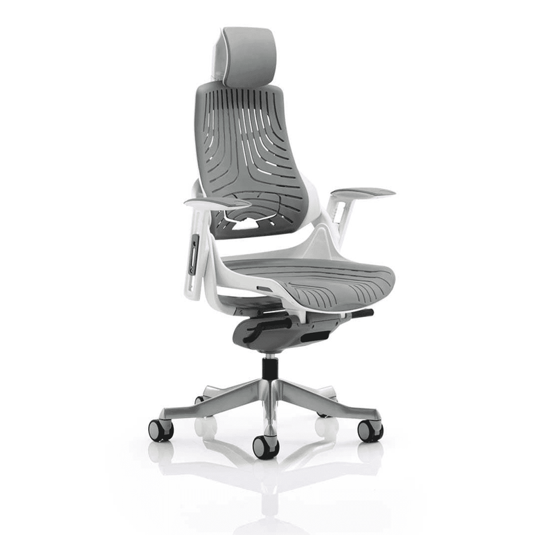 Zure High Back Executive Office Chair - White Shell, Adjustable Arms, Lumbar Support, Headrest, 135kg Capacity, 8hr Usage, 5yr Warranty