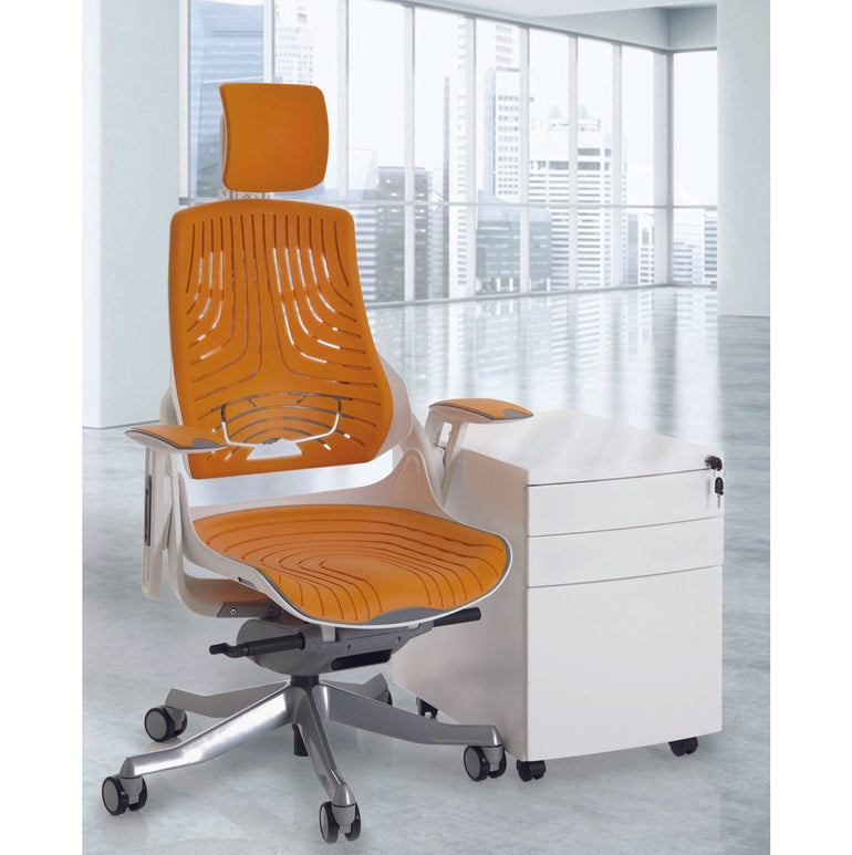 Zure High Back Executive Office Chair - White Shell, Adjustable Arms, Lumbar Support, Headrest, 135kg Capacity, 8hr Usage, 5yr Warranty