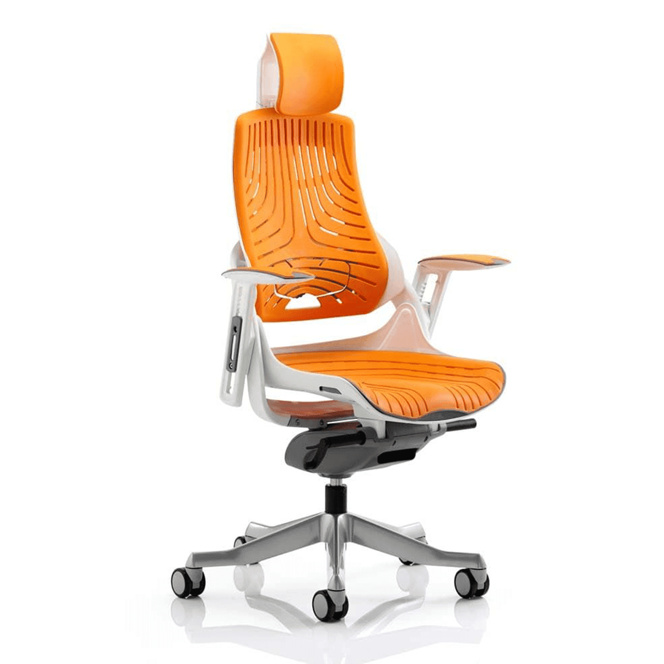 Zure High Back Executive Office Chair - White Shell, Adjustable Arms, Lumbar Support, Headrest, 135kg Capacity, 8hr Usage, 5yr Warranty