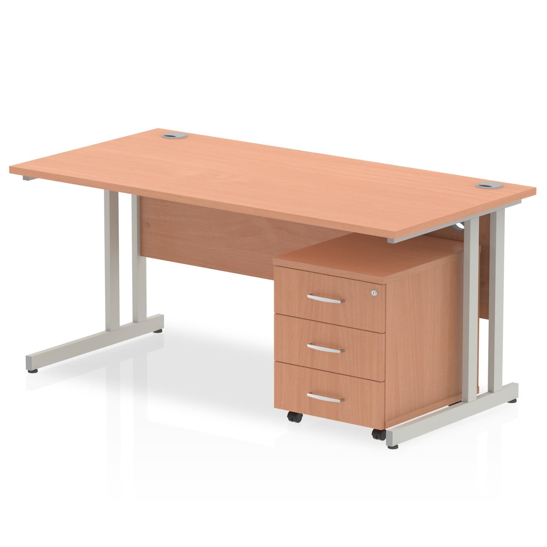 Impulse 1600mm Cantilever Straight Desk w/ Mobile Pedestal - MFC Rectangular, Self-Assembly, 5-Year Guarantee, Silver/White Frame, Lockable Drawers