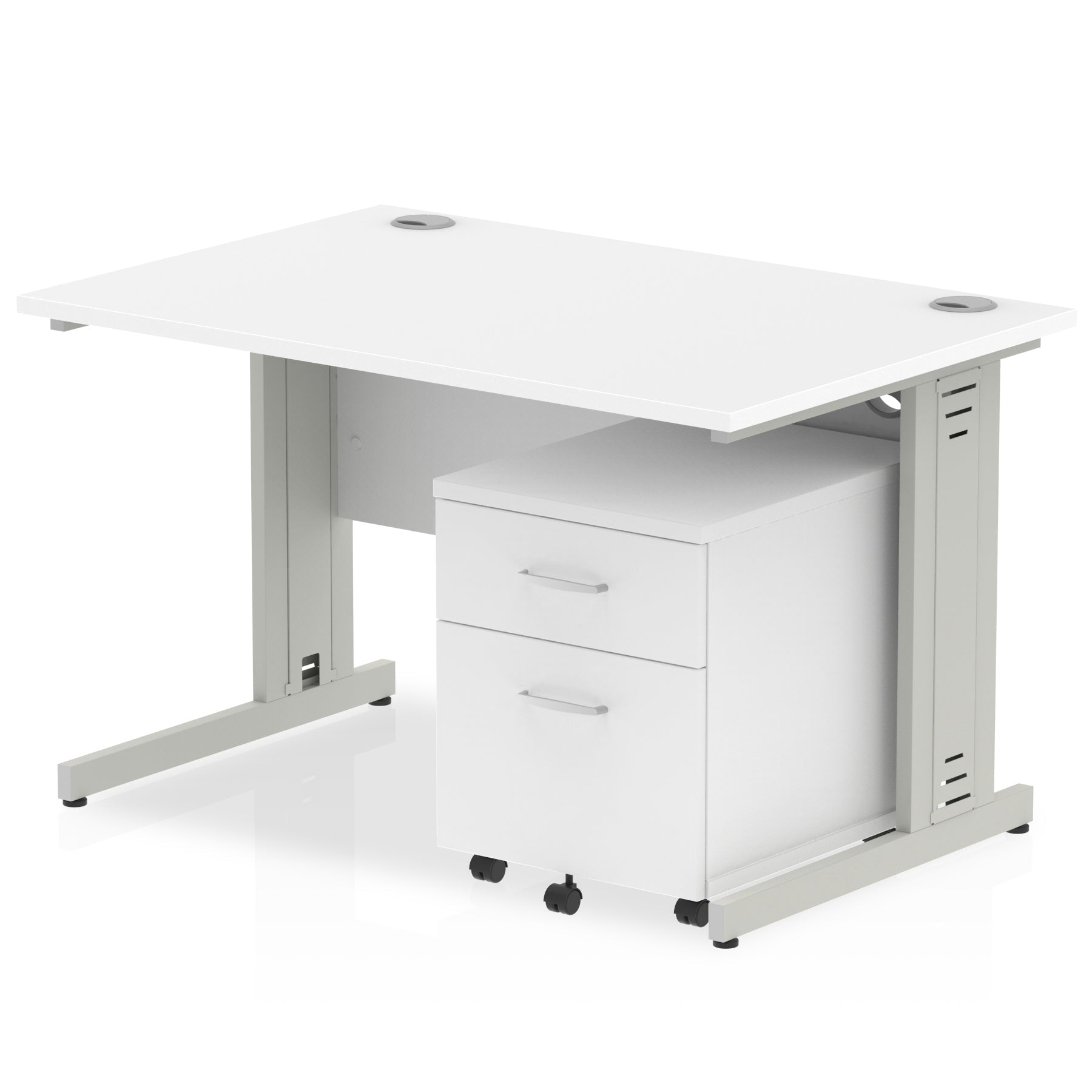 Impulse 1200mm Cable Managed Straight Desk w/ Mobile Pedestal - MFC Rectangular, Self-Assembly, 5-Year Guarantee, Silver/White Frame, Lockable Drawers