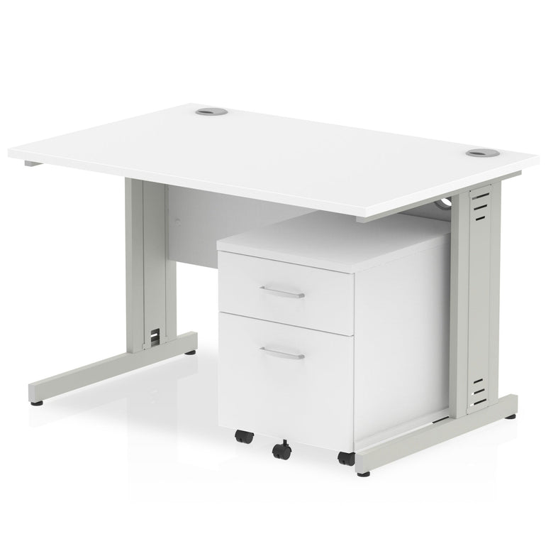 Impulse 1200mm Cable Managed Straight Desk w/ Mobile Pedestal - MFC Rectangular, Self-Assembly, 5-Year Guarantee, Silver/White Frame, Lockable Drawers