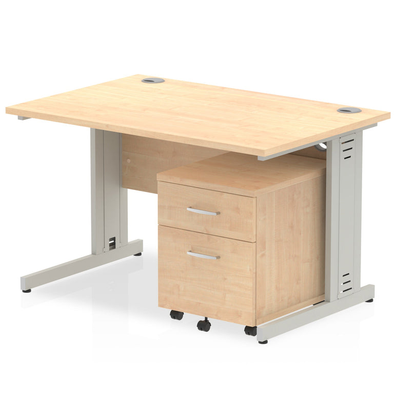 Impulse 1200mm Cable Managed Straight Desk w/ Mobile Pedestal - MFC Rectangular, Self-Assembly, 5-Year Guarantee, Silver/White Frame, Lockable Drawers