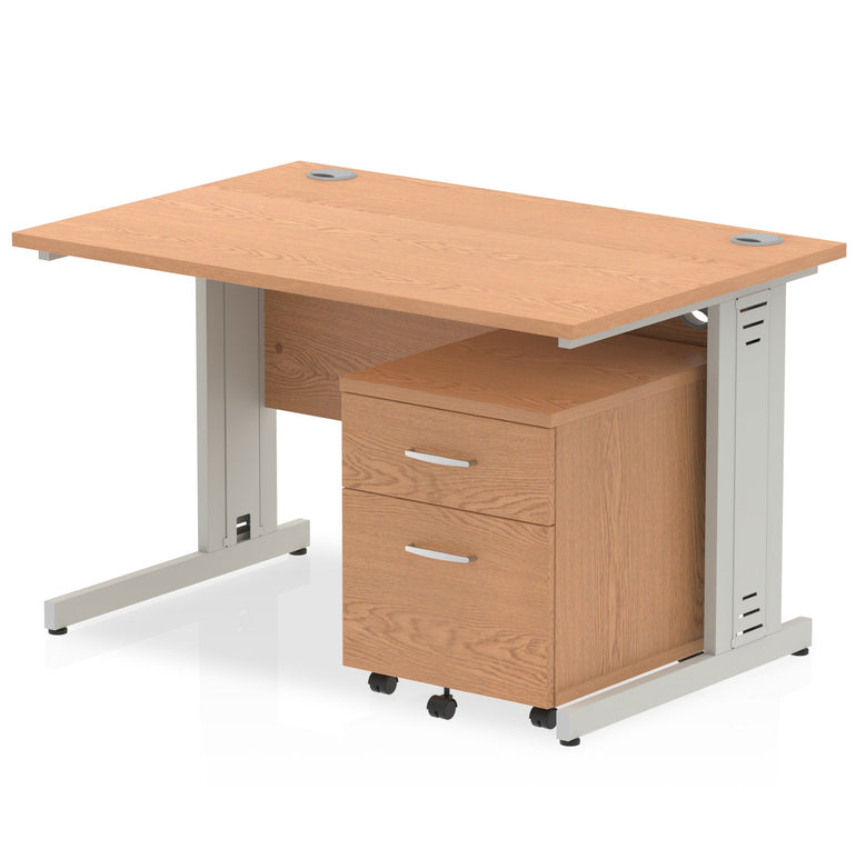 Impulse 1200mm Cable Managed Straight Desk w/ Mobile Pedestal - MFC Rectangular, Self-Assembly, 5-Year Guarantee, Silver/White Frame, Lockable Drawers