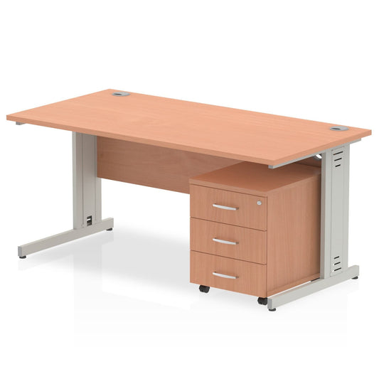 Impulse 1200mm Cable Managed Straight Desk w/ Mobile Pedestal - MFC Rectangular, Self-Assembly, 5-Year Guarantee, Silver/White Frame, Lockable Drawers