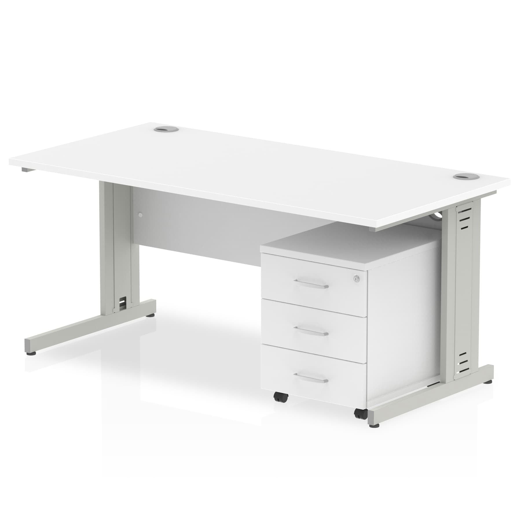 Impulse 1200mm Cable Managed Straight Desk w/ Mobile Pedestal - MFC Rectangular, Self-Assembly, 5-Year Guarantee, Silver/White Frame, Lockable Drawers