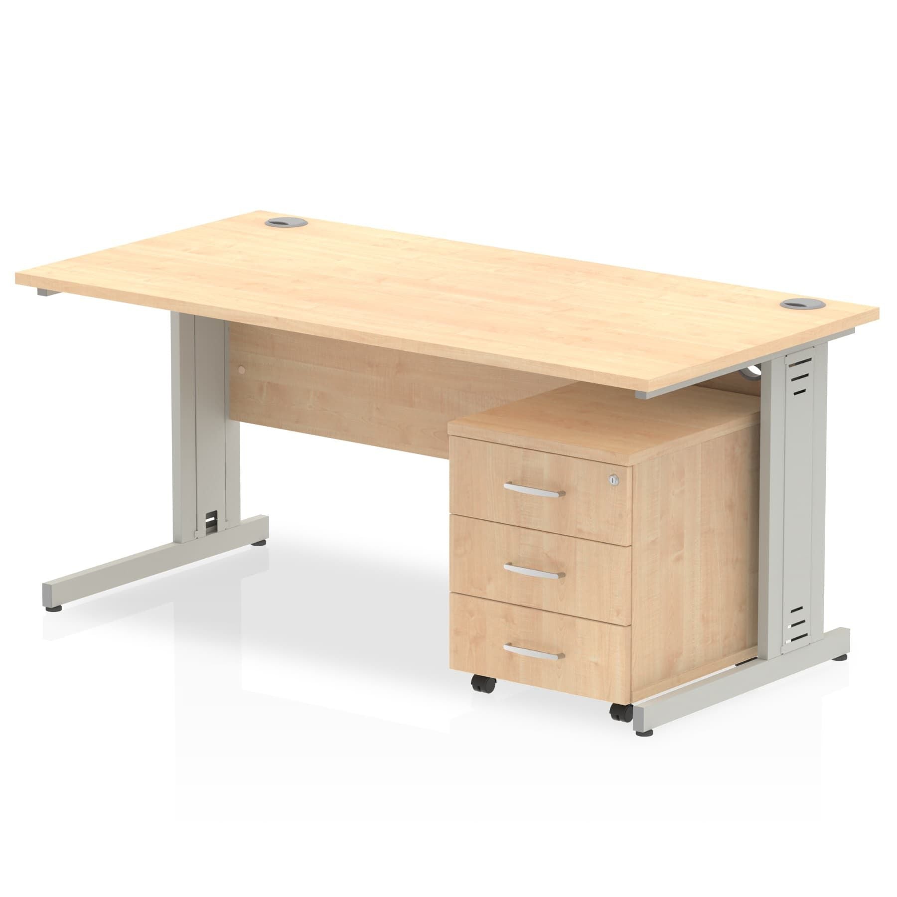 Impulse 1200mm Cable Managed Straight Desk w/ Mobile Pedestal - MFC Rectangular, Self-Assembly, 5-Year Guarantee, Silver/White Frame, Lockable Drawers