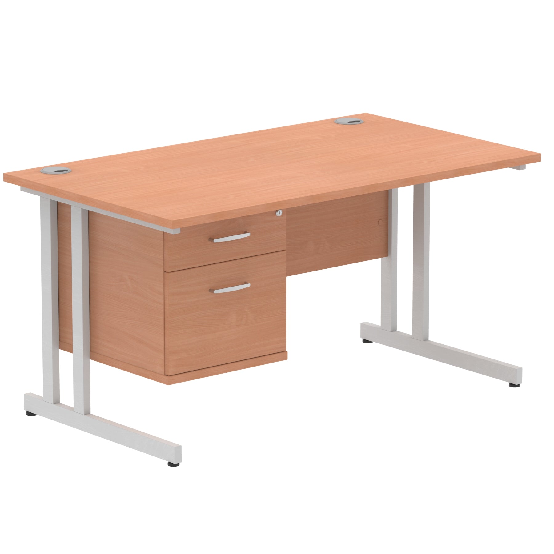 Impulse Cantilever Straight Desk 1200-1800mm Silver Frame, Fixed Pedestal, MFC, 2-3 Lockable Drawers, 5-Year Guarantee, Self-Assembly