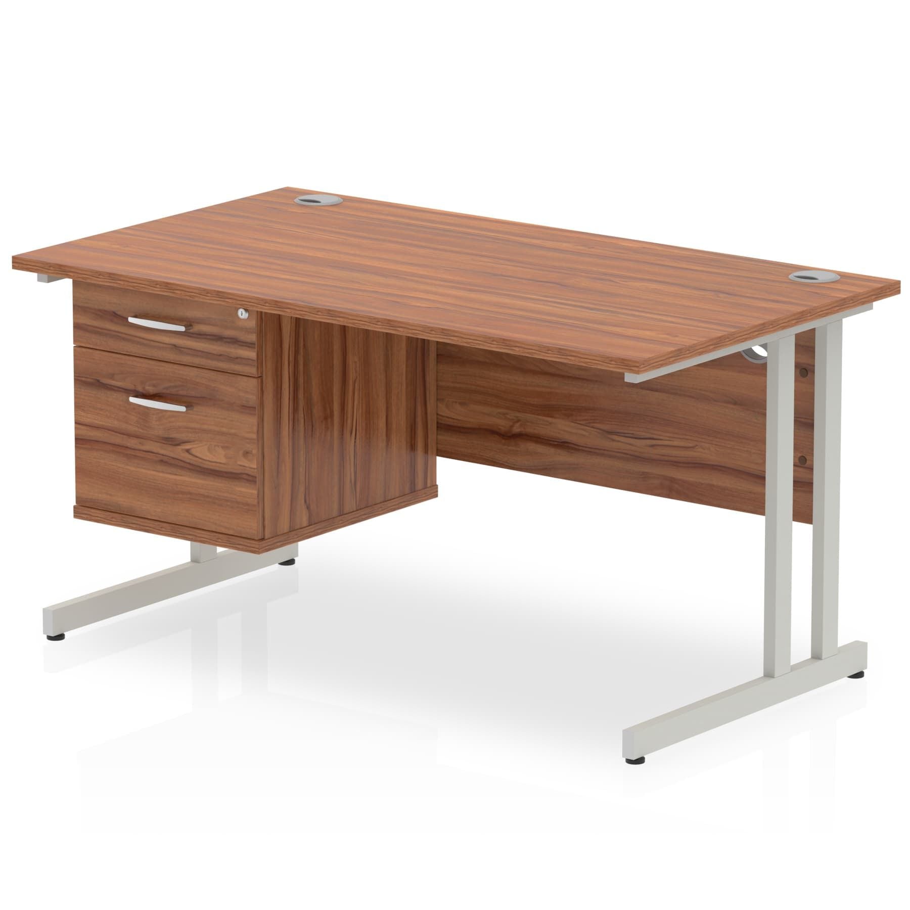 Impulse Cantilever Straight Desk 1200-1800mm Silver Frame, Fixed Pedestal, MFC, 2-3 Lockable Drawers, 5-Year Guarantee, Self-Assembly