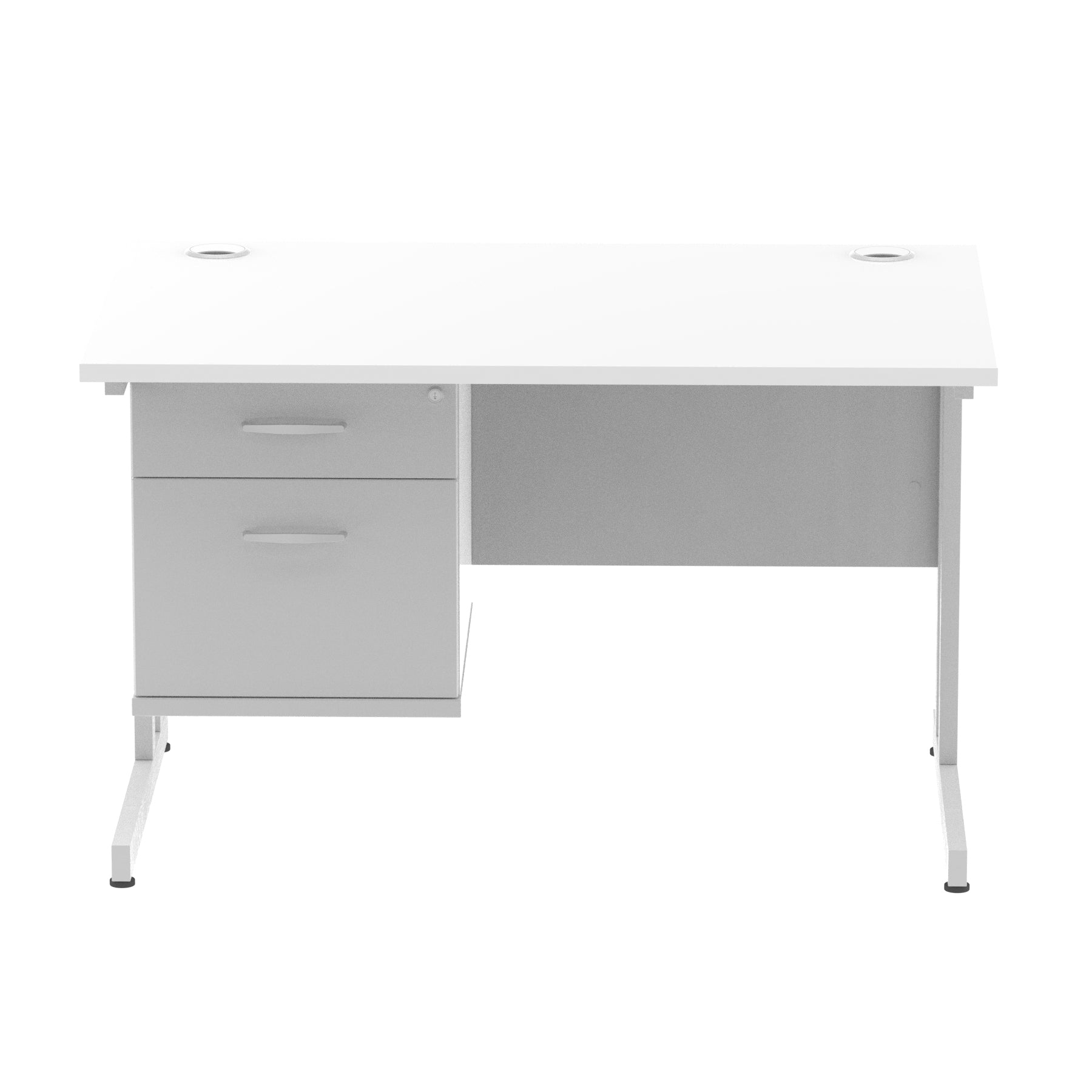 Impulse Cantilever Straight Desk 1200-1800mm Silver Frame, Fixed Pedestal, MFC, 2-3 Lockable Drawers, 5-Year Guarantee, Self-Assembly