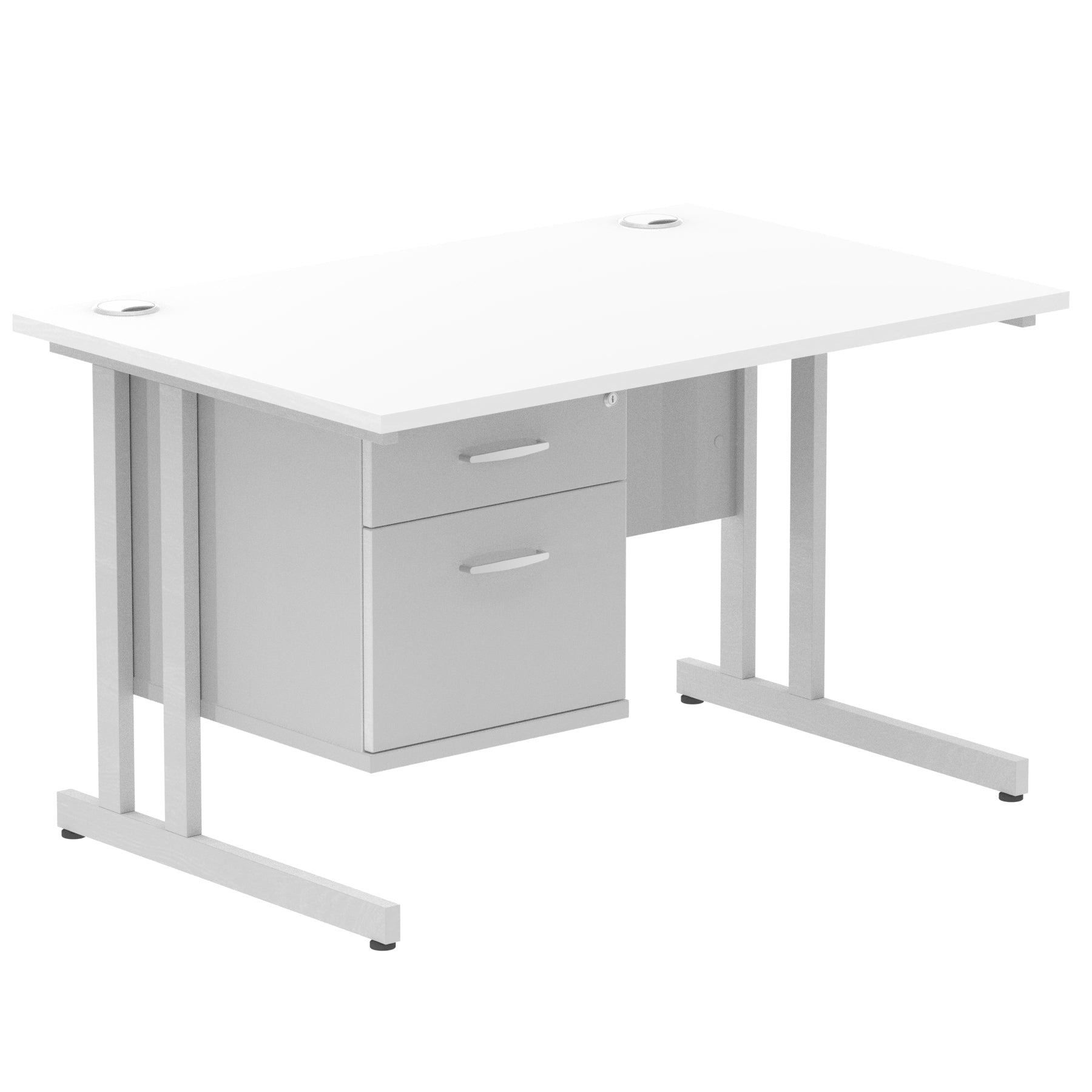 Impulse Cantilever Straight Desk 1200-1800mm Silver Frame, Fixed Pedestal, MFC, 2-3 Lockable Drawers, 5-Year Guarantee, Self-Assembly