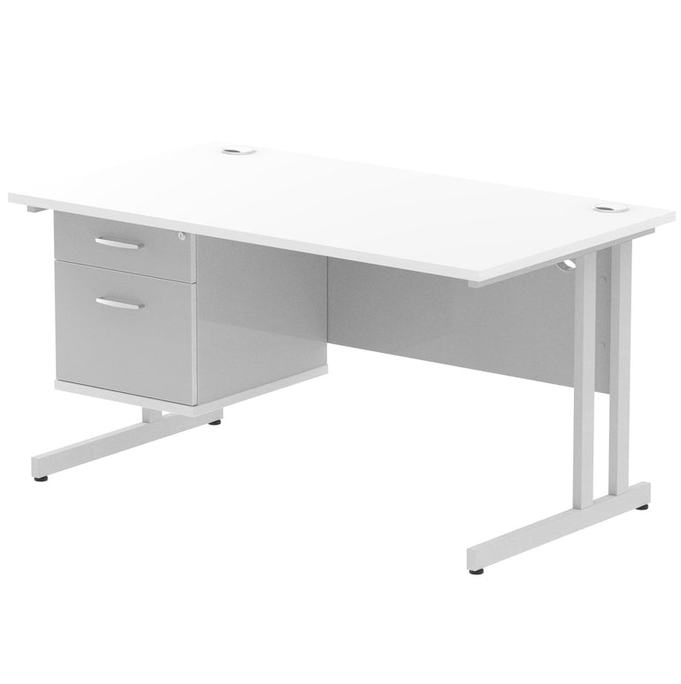 Impulse Cantilever Straight Desk 1200-1800mm Silver Frame, Fixed Pedestal, MFC, 2-3 Lockable Drawers, 5-Year Guarantee, Self-Assembly