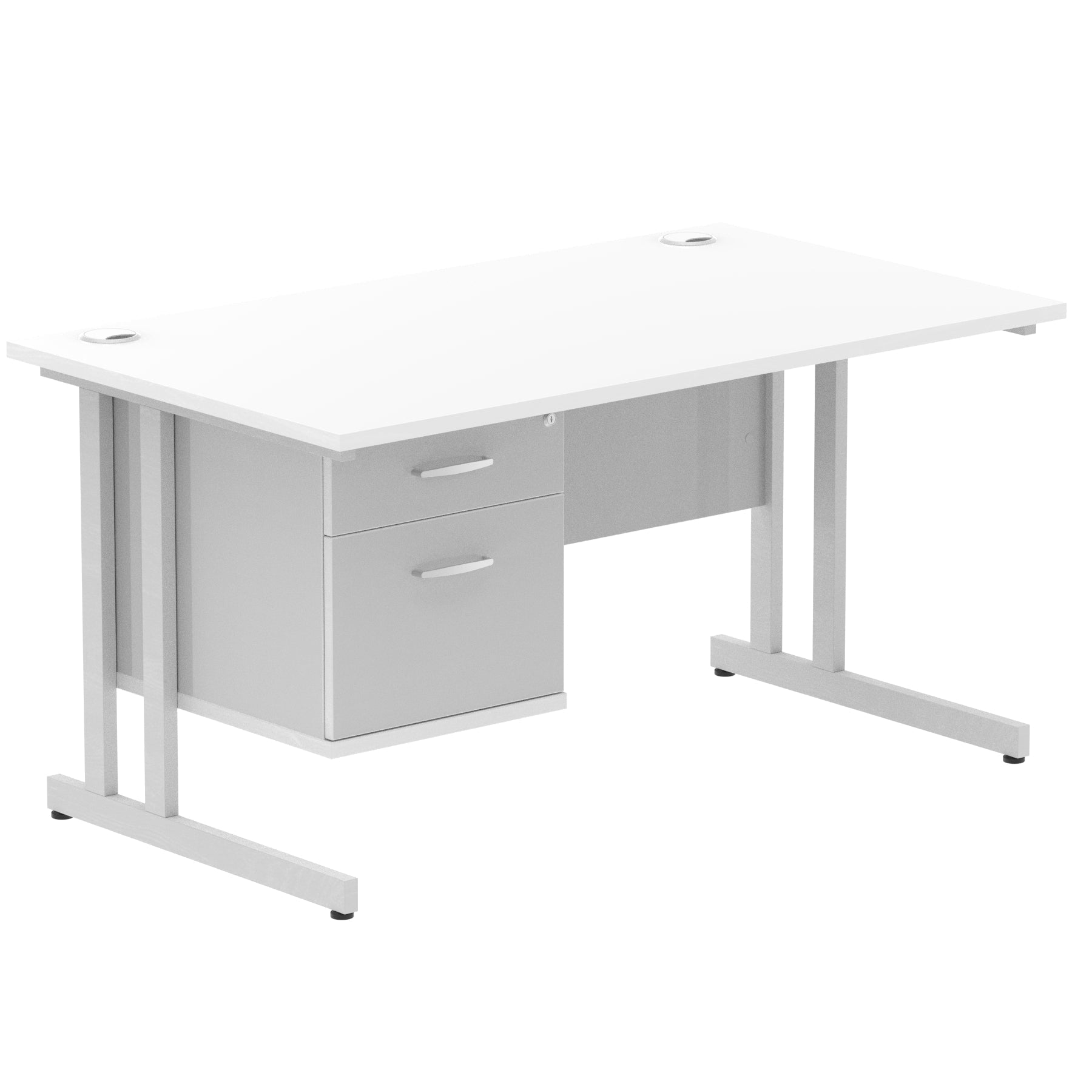 Impulse Cantilever Straight Desk 1200-1800mm Silver Frame, Fixed Pedestal, MFC, 2-3 Lockable Drawers, 5-Year Guarantee, Self-Assembly