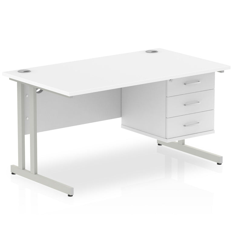 Impulse Cantilever Straight Desk 1200-1800mm Silver Frame, Fixed Pedestal, MFC, 2-3 Lockable Drawers, 5-Year Guarantee, Self-Assembly