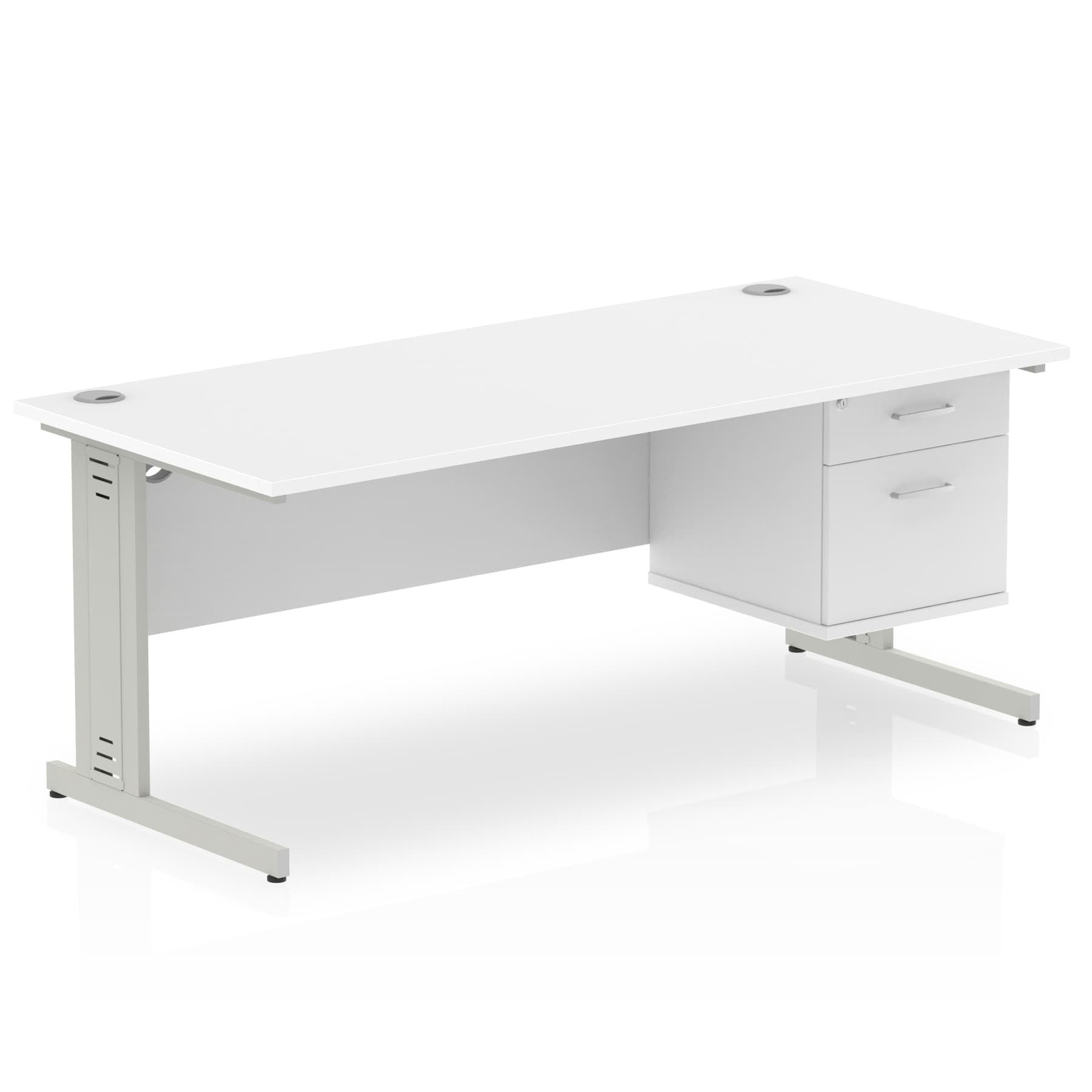 Impulse 1800mm Cable Managed Straight Desk w/ Fixed Pedestal - MFC Rectangular, Self-Assembly, 5-Year Guarantee, 1800x800 Top, Silver/White Frame